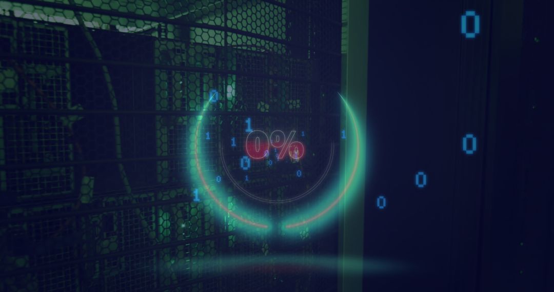 Digital Data Transfer in Server Room with Futuristic 0% Indicator