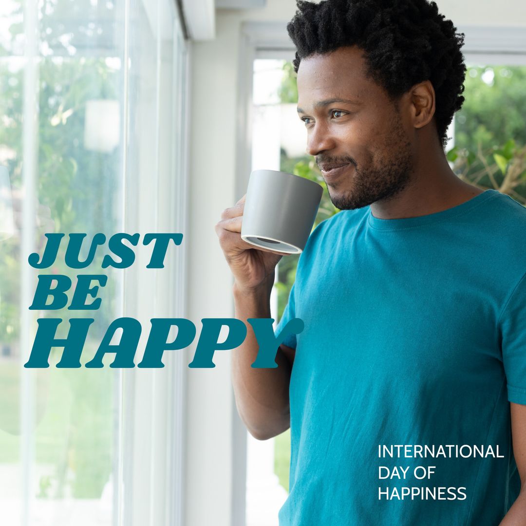 Man Enjoying Coffee at Home for International Day of Happiness Joy Theme
