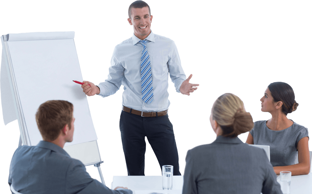 Transparent Manager Presenting Ideas on Whiteboard in Modern Office