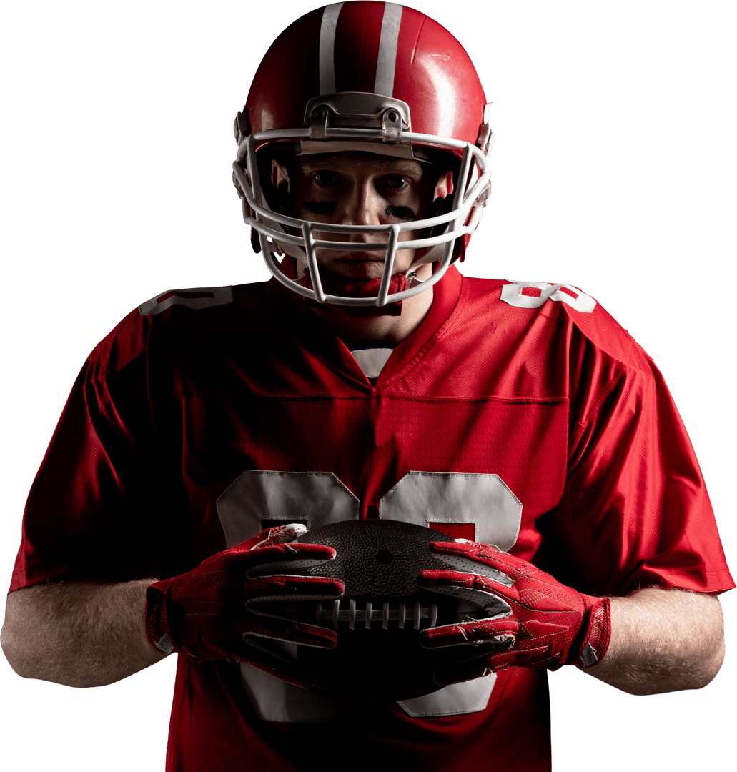 Transparent Background of Football Player in Red Uniform Holding Ball