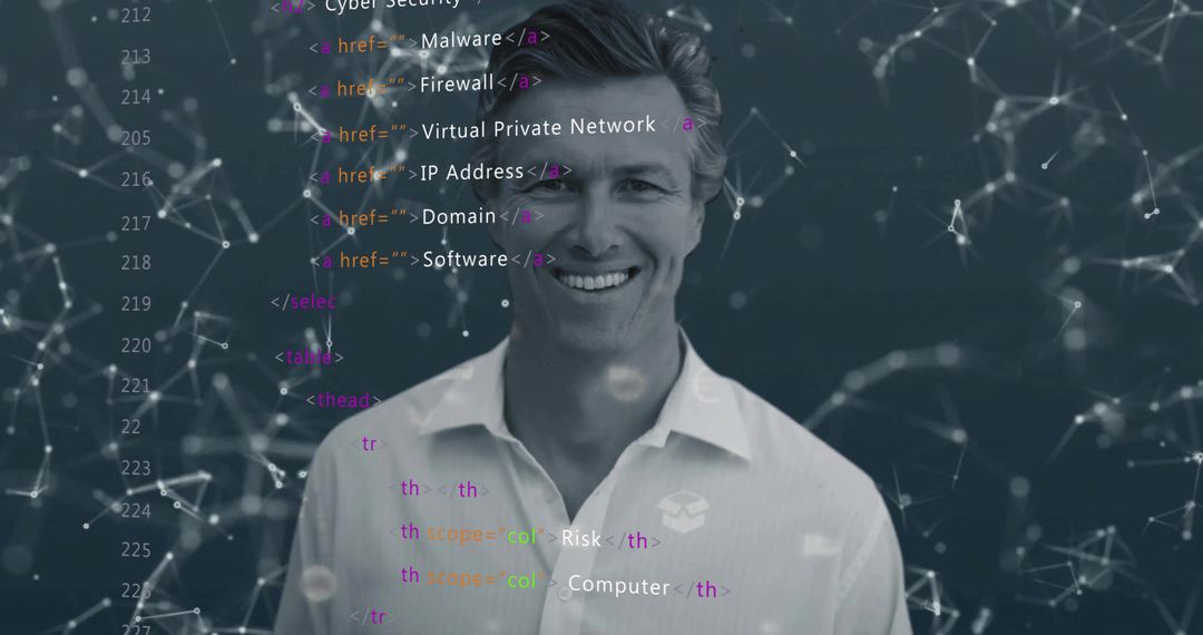 Smiling Tech Leader Wearing White Shirt Showing Cybersecurity Code Overlay and Network Nodes