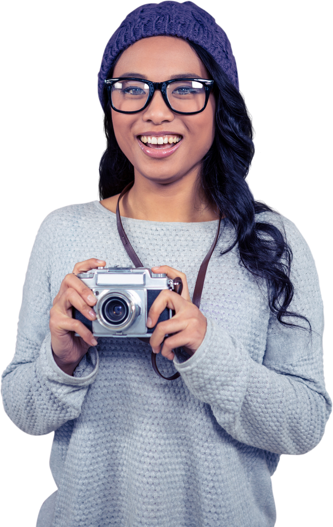 Fashionable Asian woman holding digital camera in transparent background - Download Free Stock Images Pikwizard.com