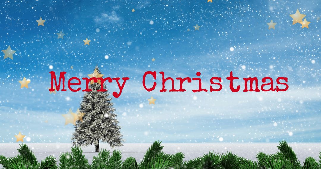 Merry Christmas Over Snowy Landscape with Decorated Tree