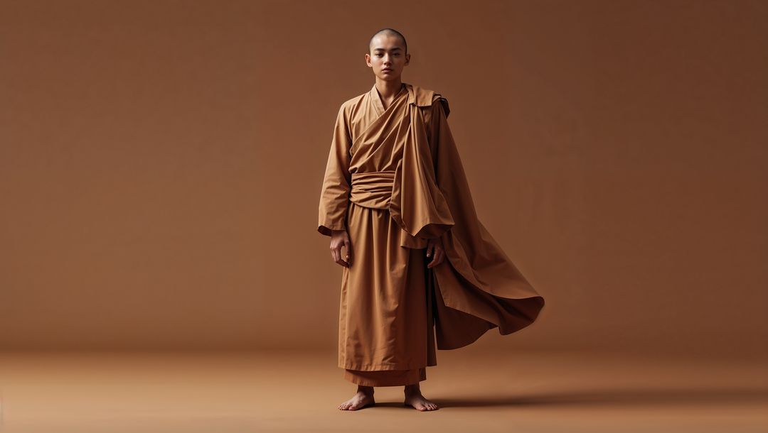 Buddhist Monk in Traditional Tan Robes Practicing Serenity