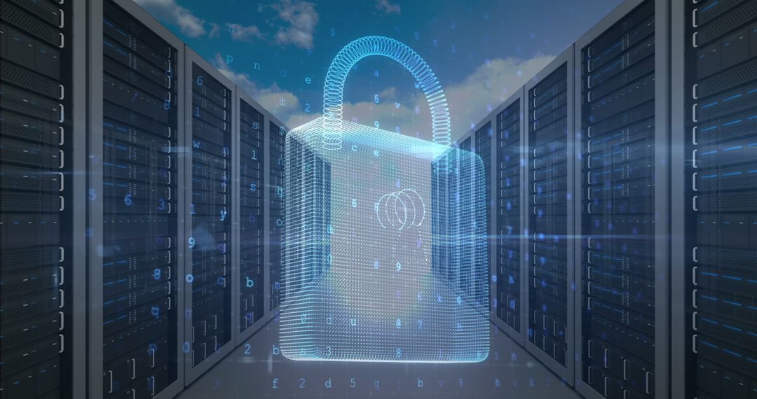 Cybersecurity Padlock Over Data Center Servers Concept