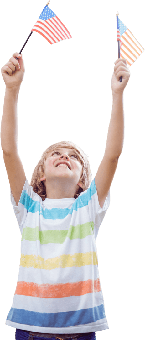 Caucasian Boy Cheers with American Flags on Transparent Background