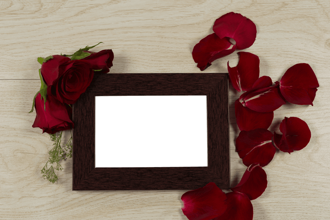 Transparent Frame with Red Roses and Petals on Wooden Surface