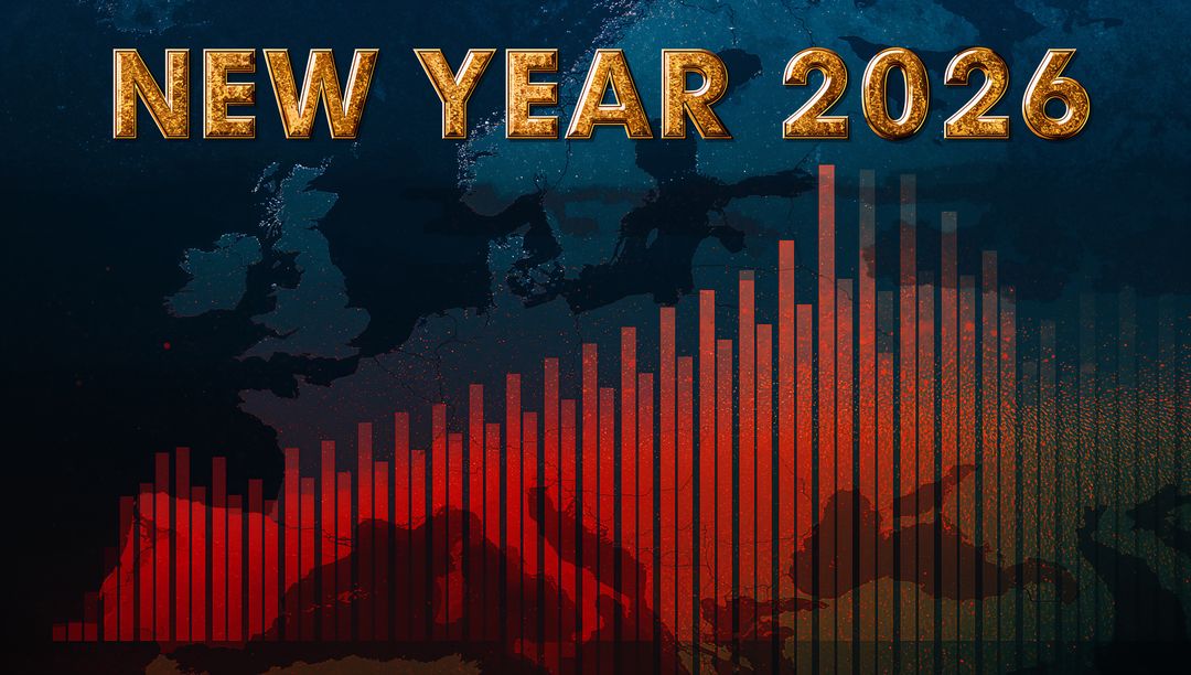 Glittering New Year 2026 Gold Typography with Rising Red-Orange Growth Chart on Europe Map