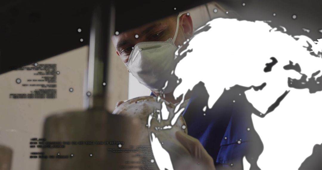 Scientist inspecting sample with precision press wearing PPE and global map overlay