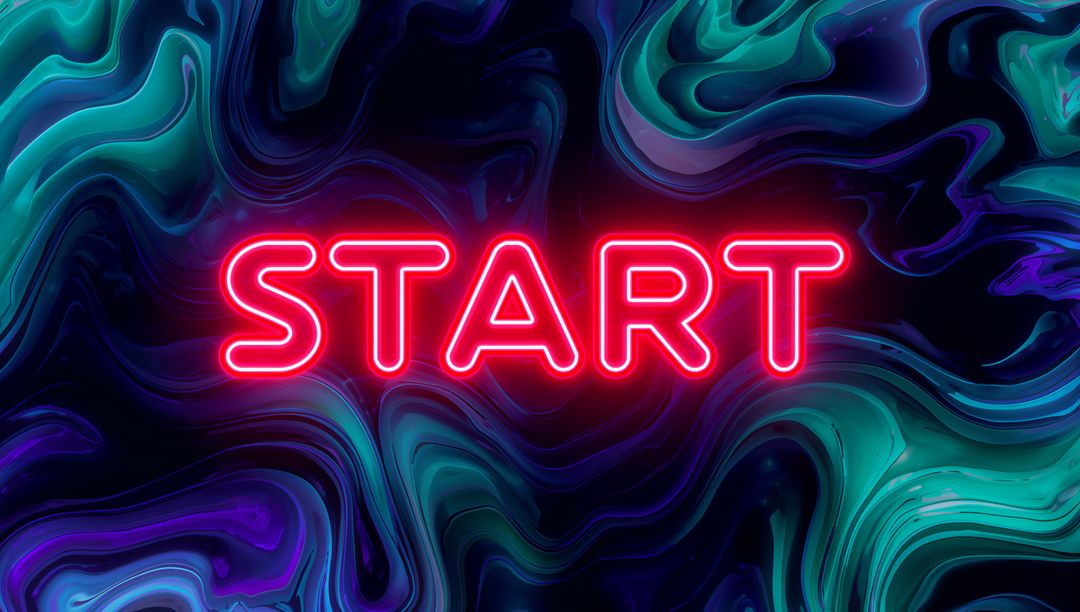 Neon Start Text Glowing Amidst Abstract Psychedelic Fluid Waves
