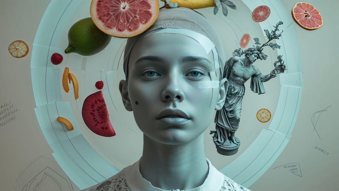 Surreal Portrait with Floating Fruits and Statue Elements