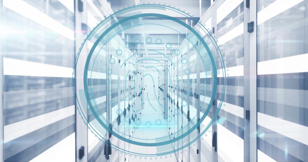 Biometric Fingerprint Icon Over Data Servers for Cybersecurity