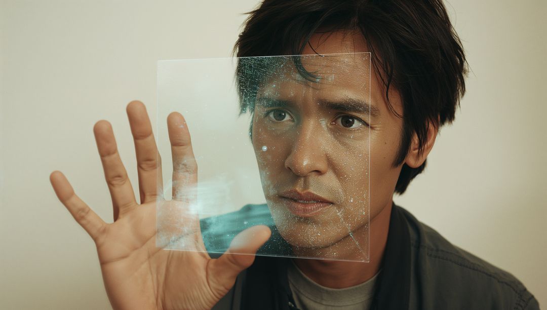 Asian man peering through clear glass pane with water droplets and reflective square panel
