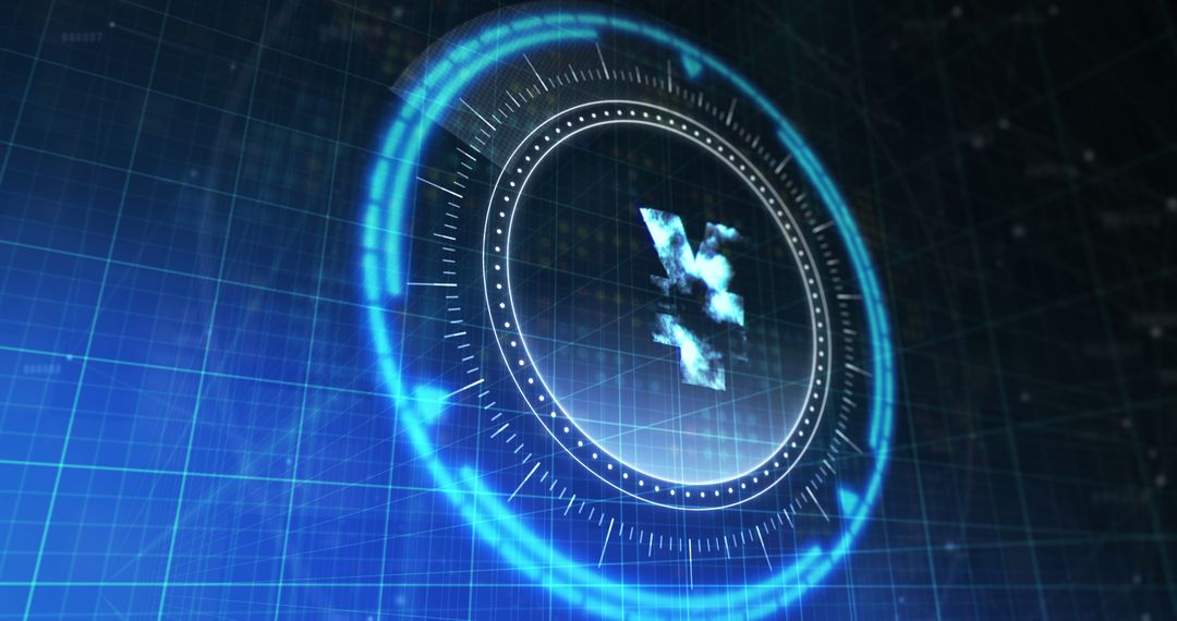 Digital Yen Rotating in Futuristic Blue Space