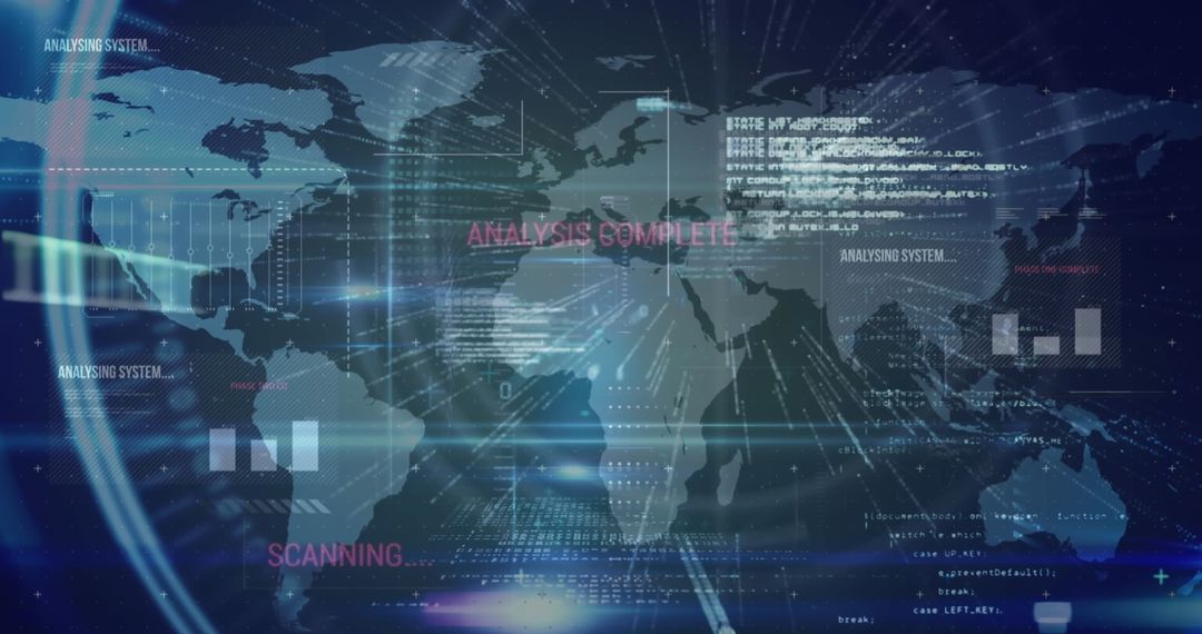 Futuristic Digital Interface with World Map and Data Overlays