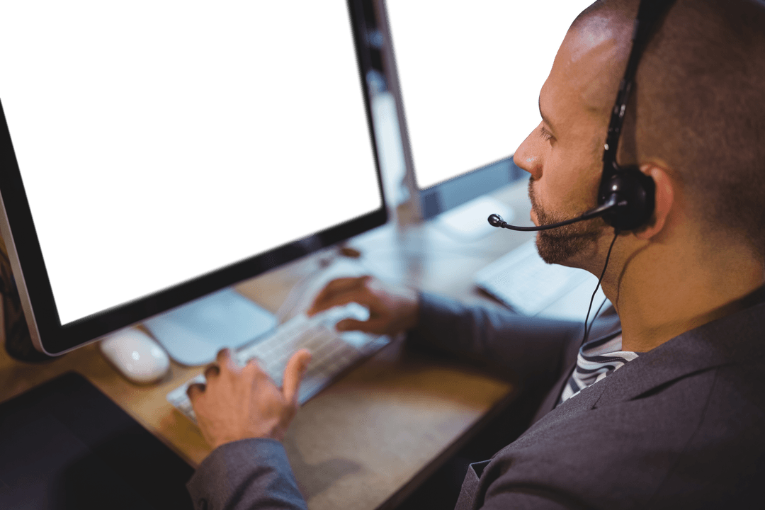 Business Professional Communicating Through Transparent Screen Headset Desk