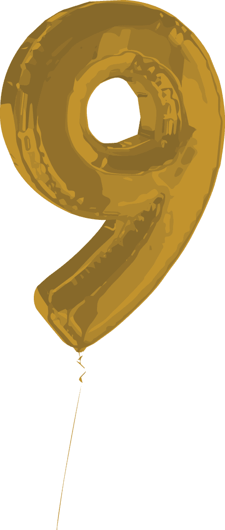 Gold 9 Balloon Illustration on Transparent Background