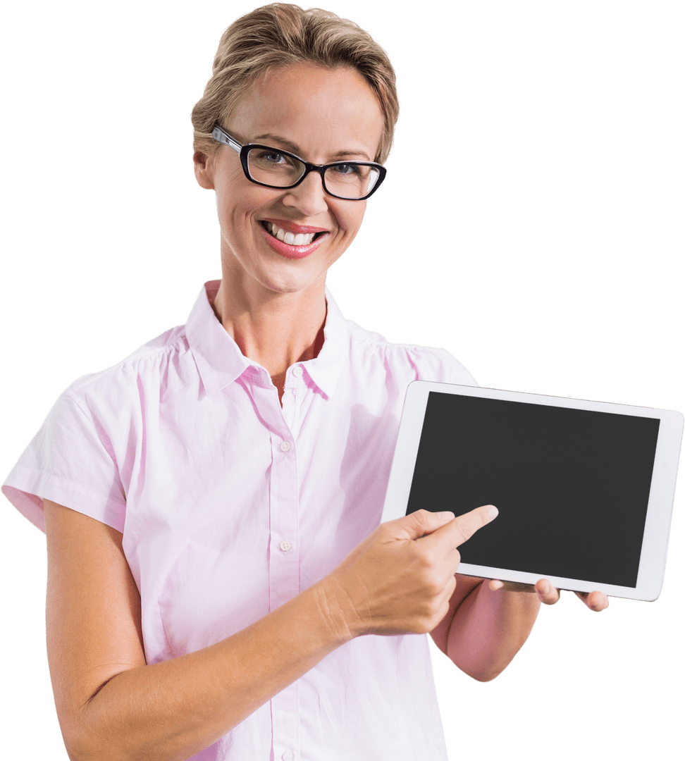 Smiling Woman in Glasses Holding Tablet with Transparent Screen