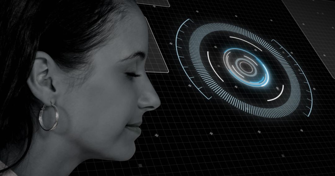 Woman Exploring Futuristic Digital Interface in Virtual Reality