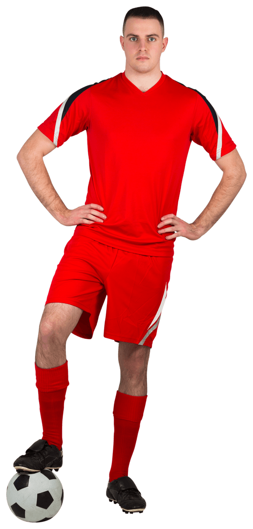 Confident Football Player in Red Uniform with Soccer Ball Transparent Background