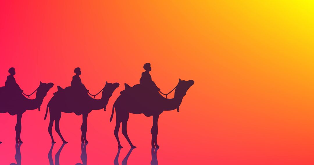 Three Wise Men on Camels against Sunset Gradient