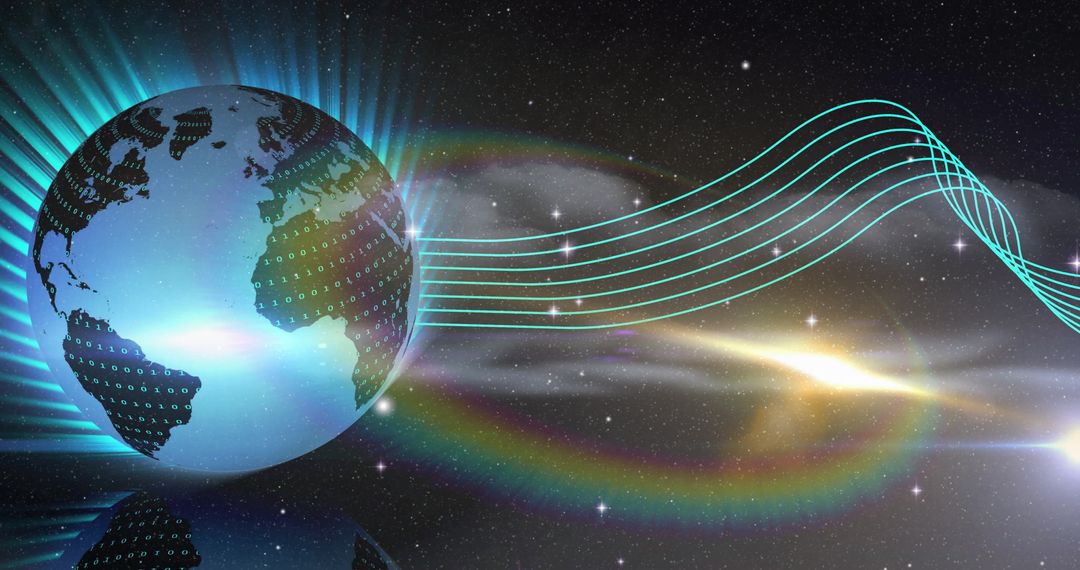 Futuristic Digital Globe with Binary Data Streams and Starfield