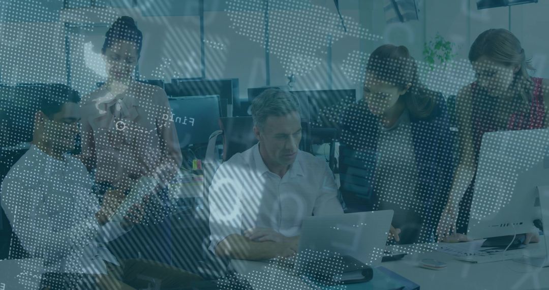 Collaborative Team Analyzing Data in Tech-Driven Workspace