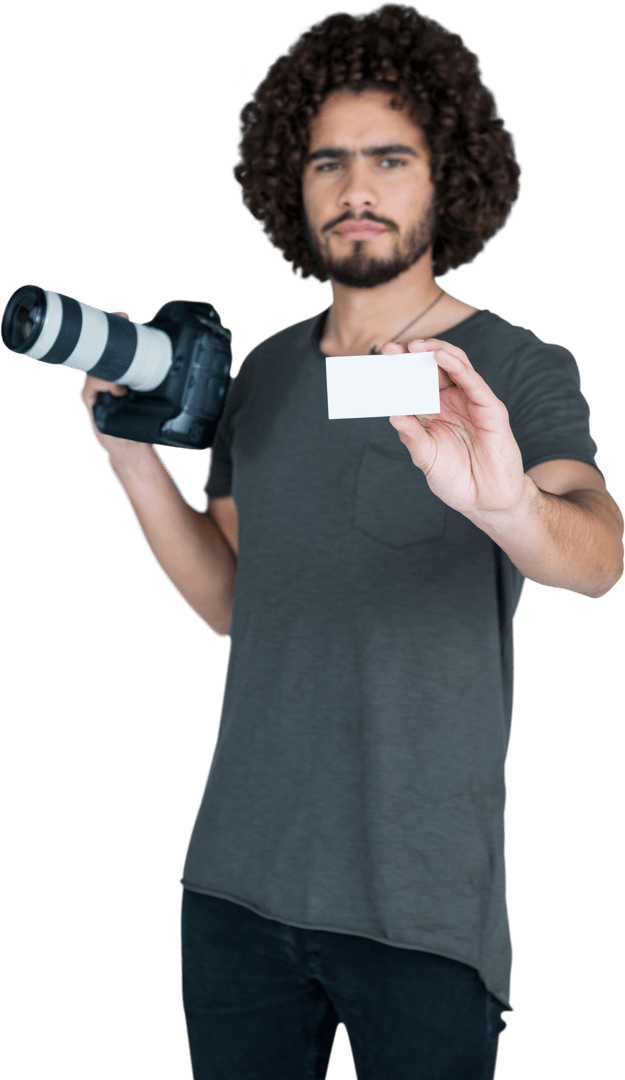 Photographer Holding Camera and Displaying Blank Card Transparent Background