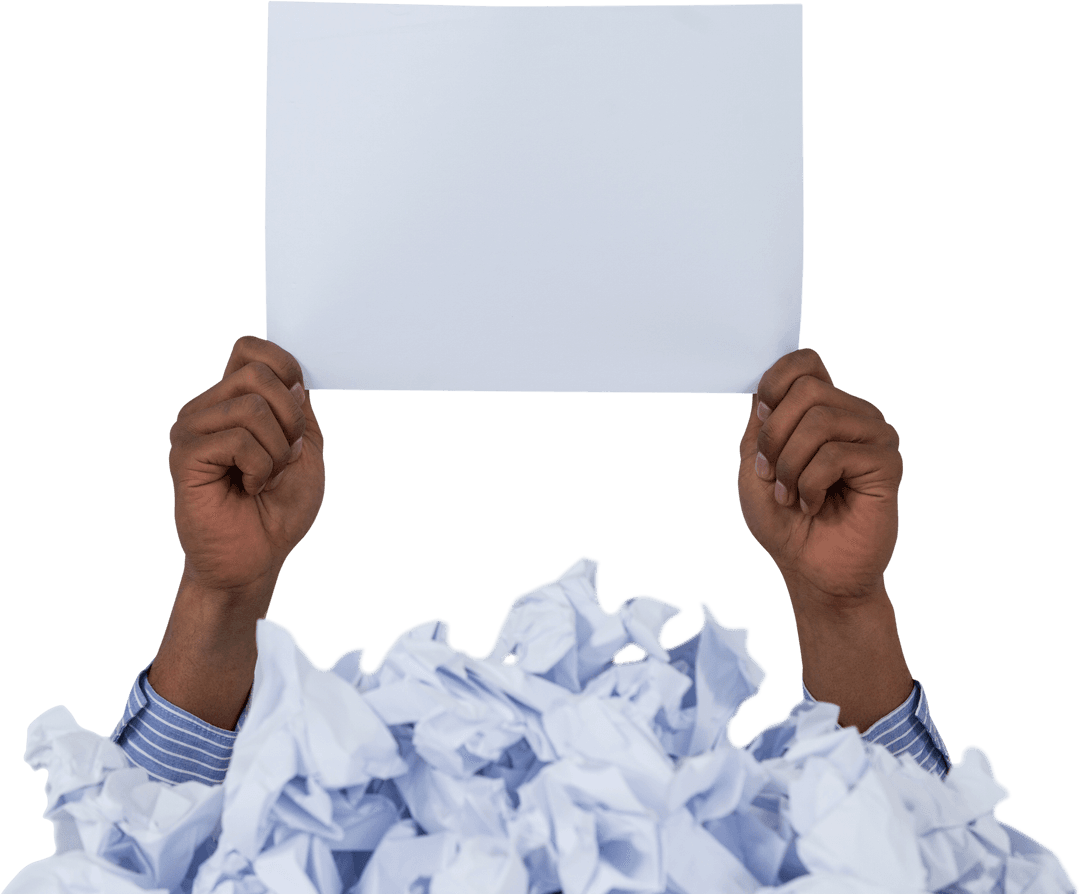 Hands Raising Transparent Blank Page Over Crumpled Paper