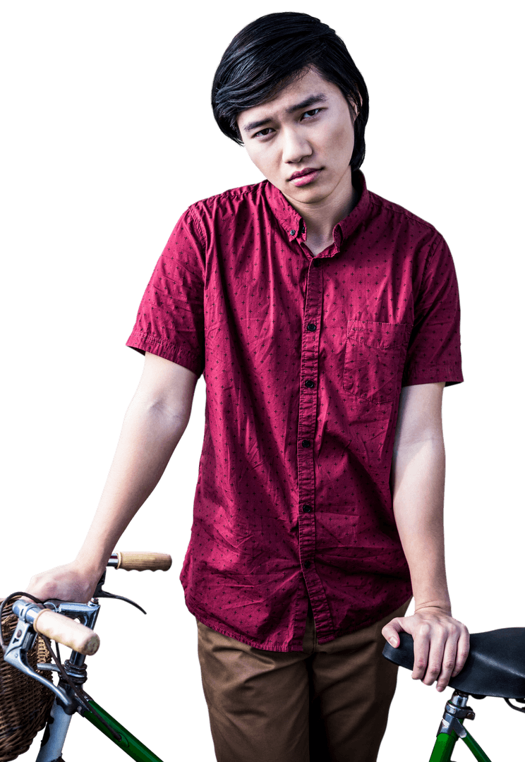 Transparent Asian Man Holding Bicycle in Casual Attire