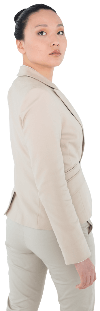 Transparent Professional Businesswoman in Beige Attire Looking Backward