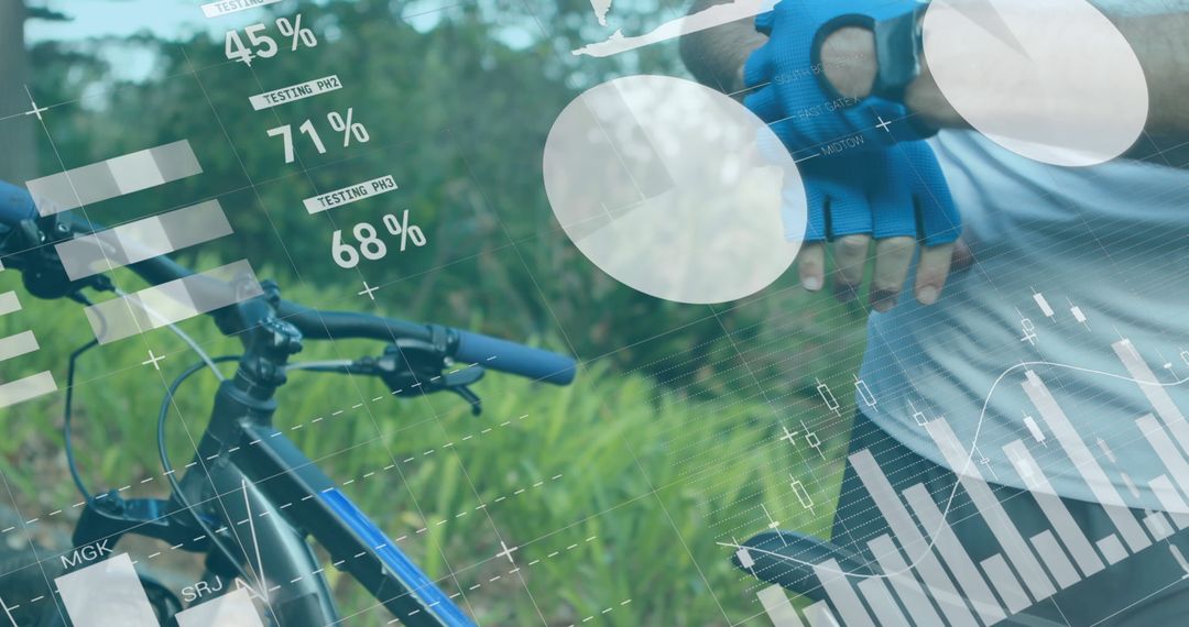 Cyclist Analyzing Smartwatch Data with Futuristic Interface Overlay