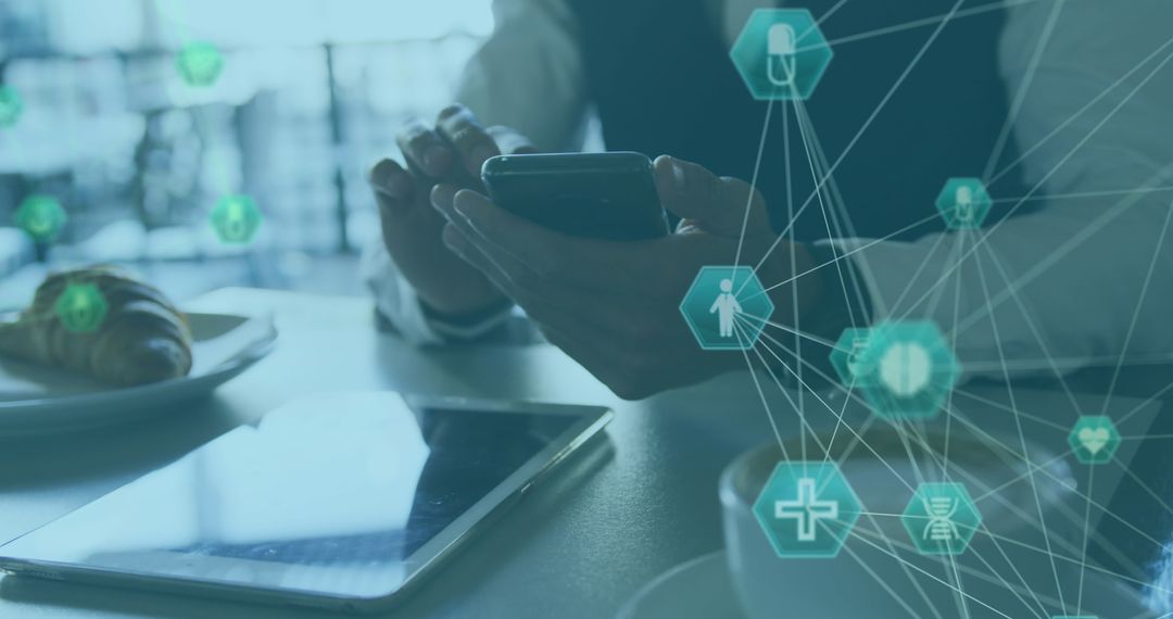 Businessman Using Mobile with Interactive Health Technology Icons