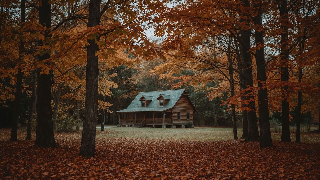 Moody Autumn Landscape with Rustic Log Cabin Among Colorful Foliage