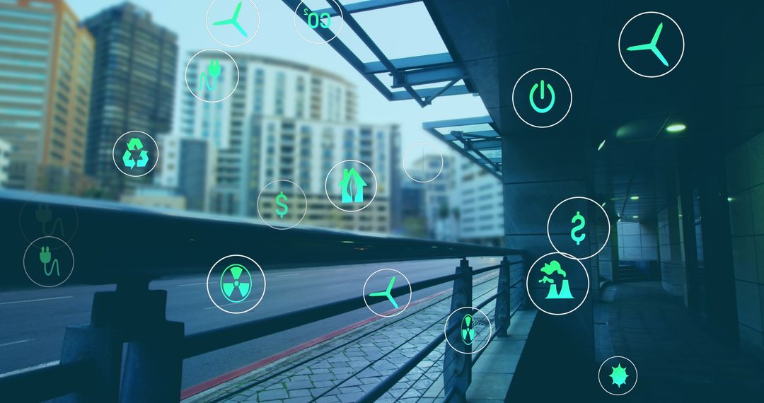 Digital Icons Overlay on Modern Cityscape Demonstrating Technology