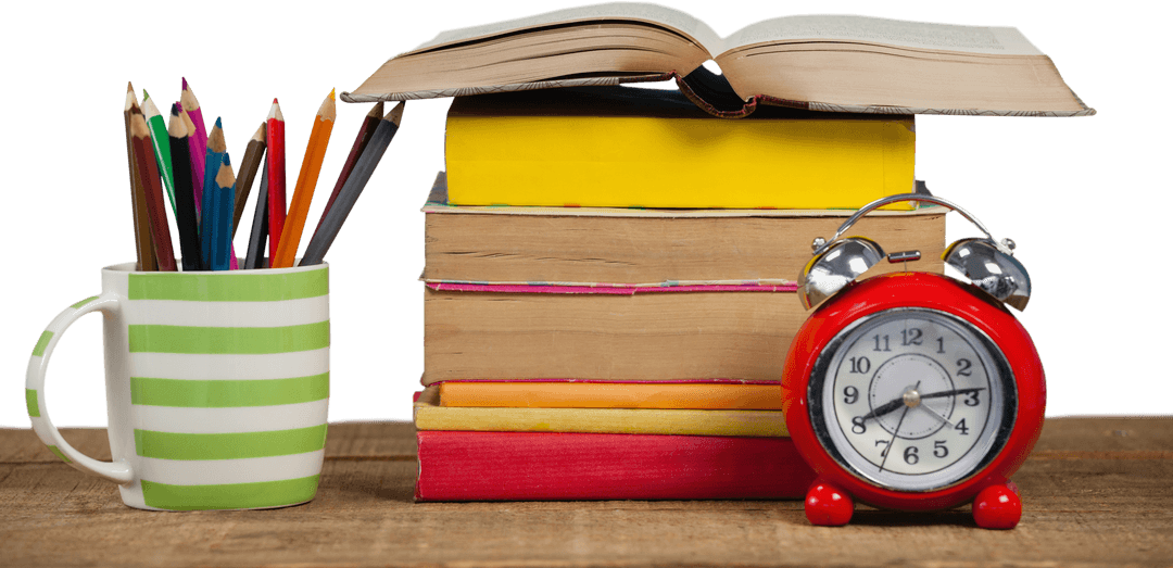 Stack of Books with Alarm Clock on Rustic Wooden Table Transparent Background