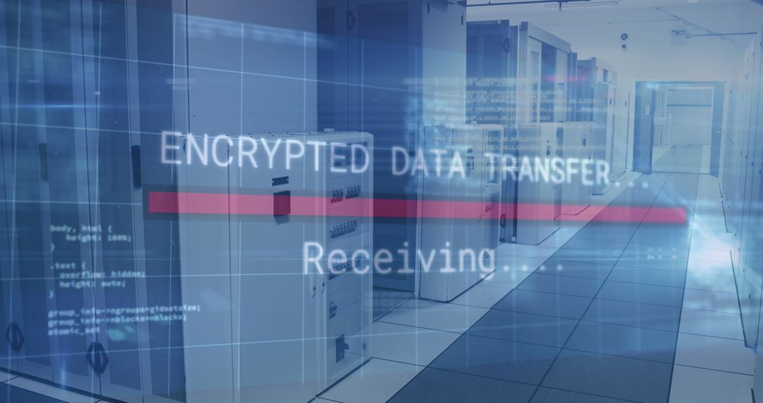 Server Room with Digital Encrypted Data Overlay
