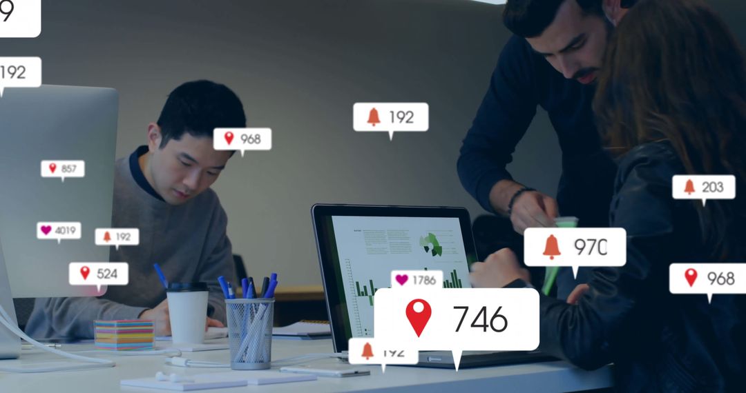 Busy Office with Digital Notification Overlays Signifying Connectivity