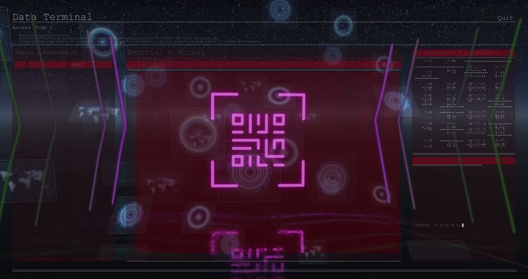 Futuristic QR Code with Data Processing in Abstract Tech Scene