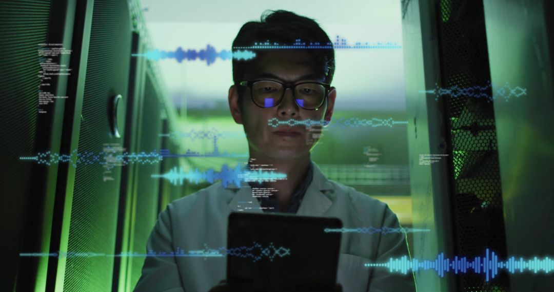 Tech Professional Analyzing Data in Server Room