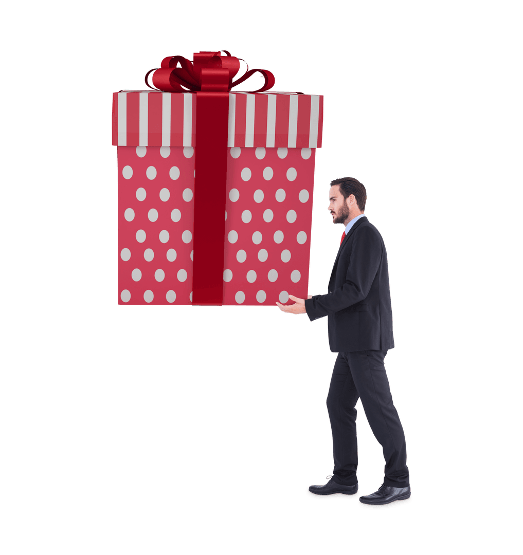 Floating Gift Box with Man in Suit on Transparent Background