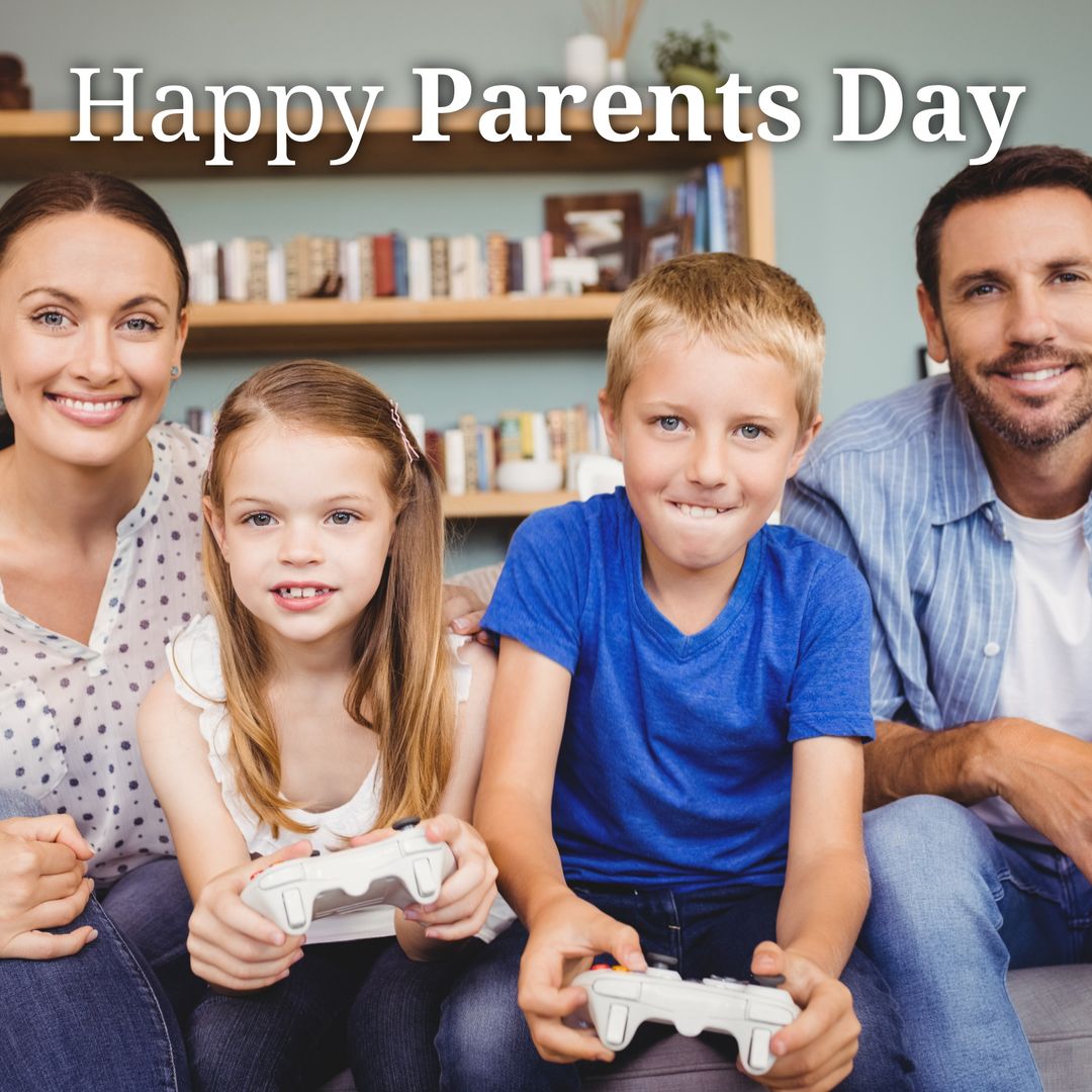 Happy Parents Day Text Over Happy Family Playing Video Games - Download Free Stock Templates Pikwizard.com