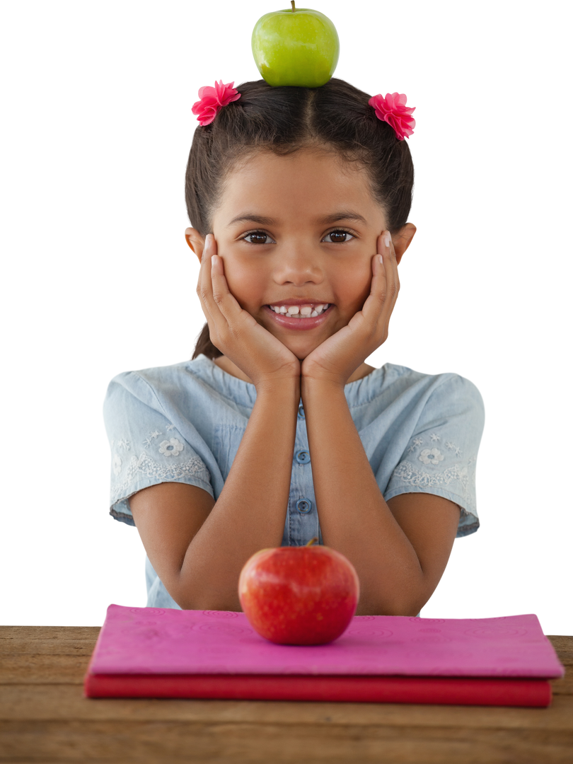 Smiling girl with Granny Smith apple on head in classroom - Download Free Stock Images Pikwizard.com