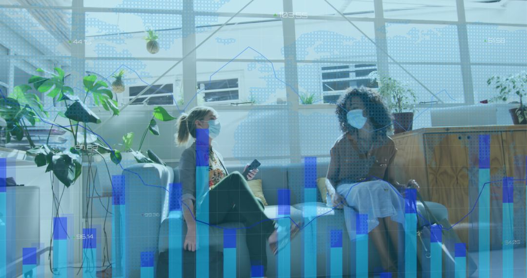 Colleagues Analyzing Data Trends with Face Masks in Bright Office