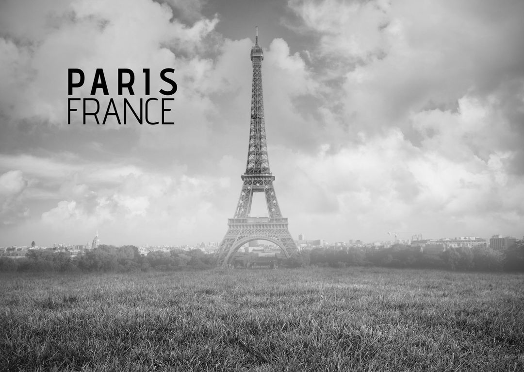 Eiffel Tower in Black and White with Paris Text Overlay