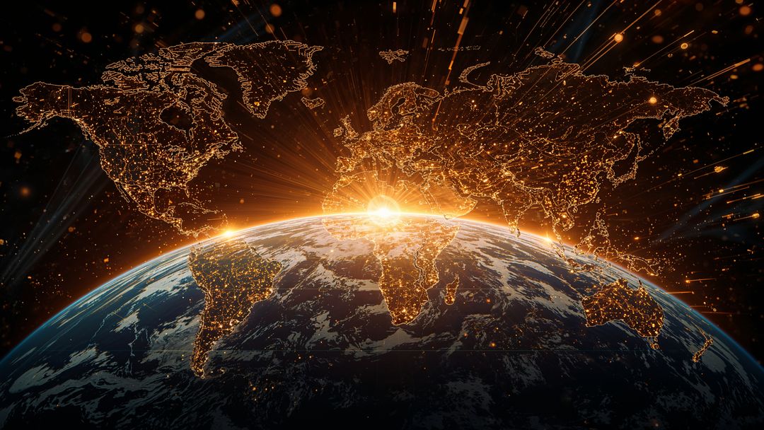 Golden Sunrise Over Earth with Illuminated Map and City Lights