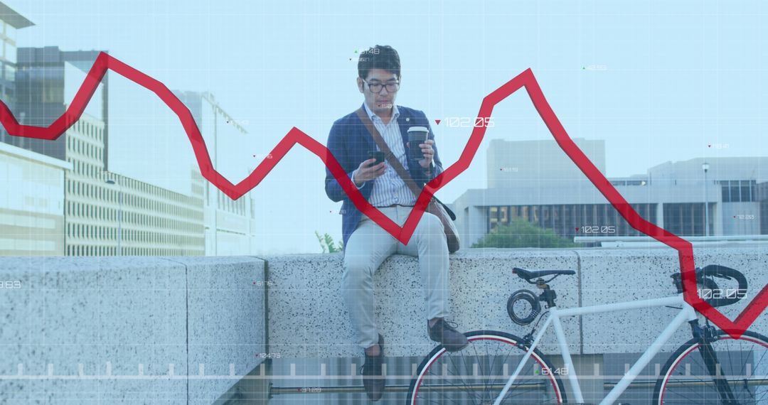 Businessman Analyzing Financial Data on Smartphone While Sitting with Bicycle - Free Images, Stock Photos and Pictures on Pikwizard.com