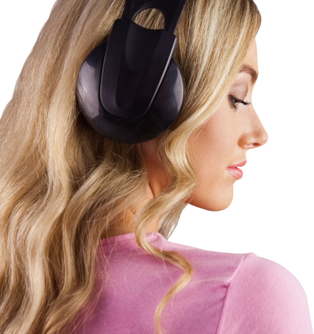 Side profile blond woman listening to music with black headphones transparent background - Download Free Stock Images Pikwizard.com