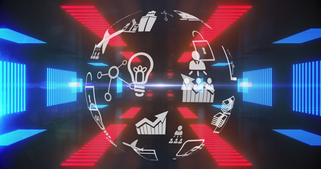 Digital Globe with Tech Icons in Neon Tunnel Background