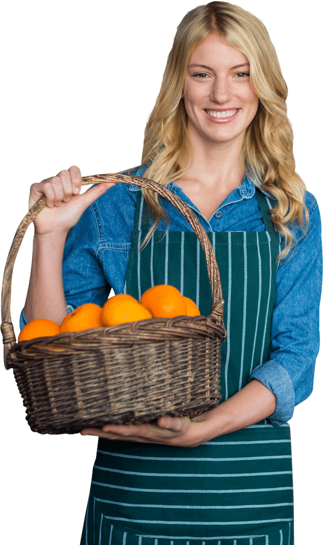 Transparent Portrait Smiling Woman With Basket Of Oranges